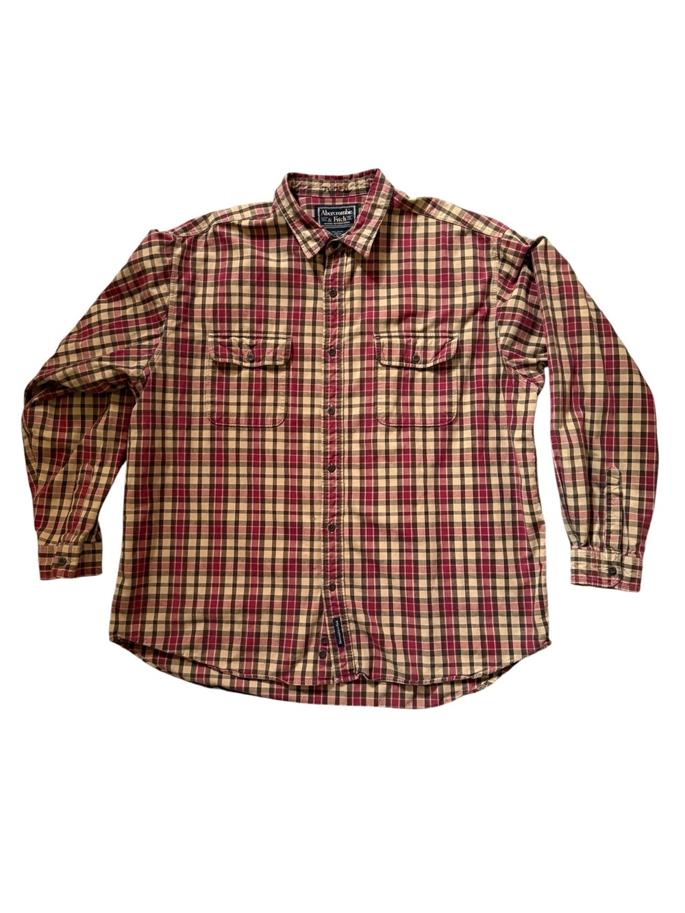 Vintage Abercrombie & Fitch Red and Tan Plaid Cotton Button-Down Shirt Men’s XL